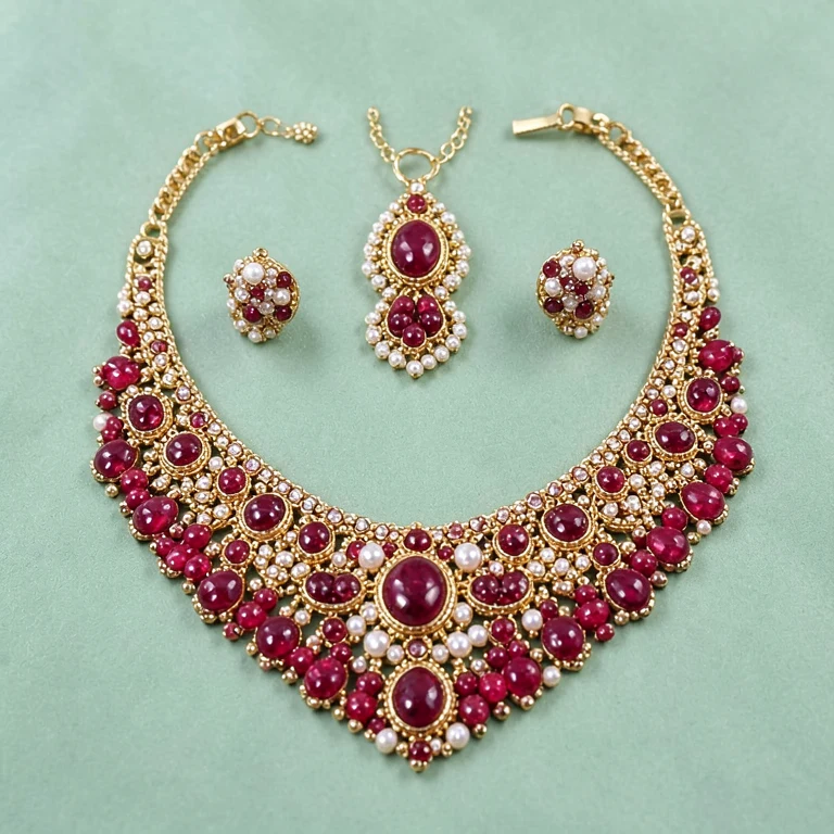 Imitation Ruby-Tone Kundan-Style Bridal Necklace Set